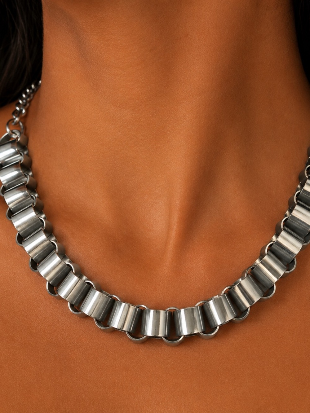 Silver Sculptural Statement Necklace Chunky Link Industrial Modern Collar OS